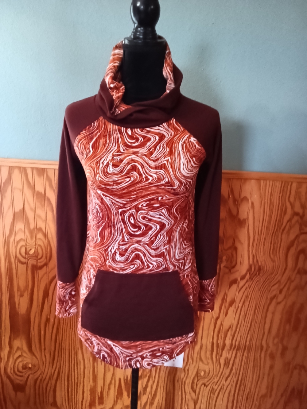 LuLaRoe Maroon and Rust Swirl Cowl Neck Pullover